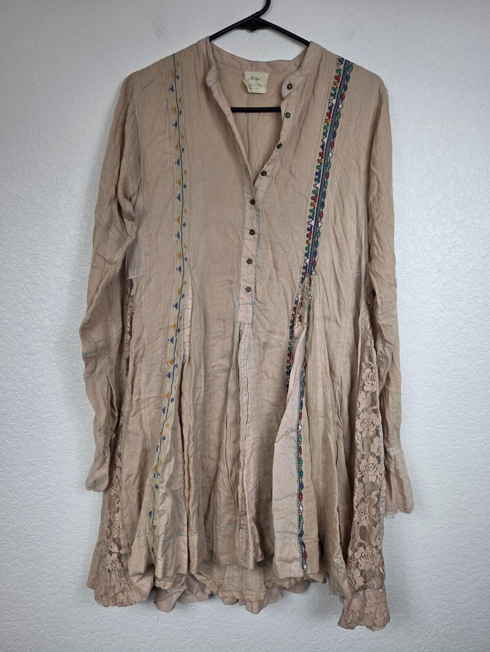 Free People Embroidered Beige Long Sleeve Dress